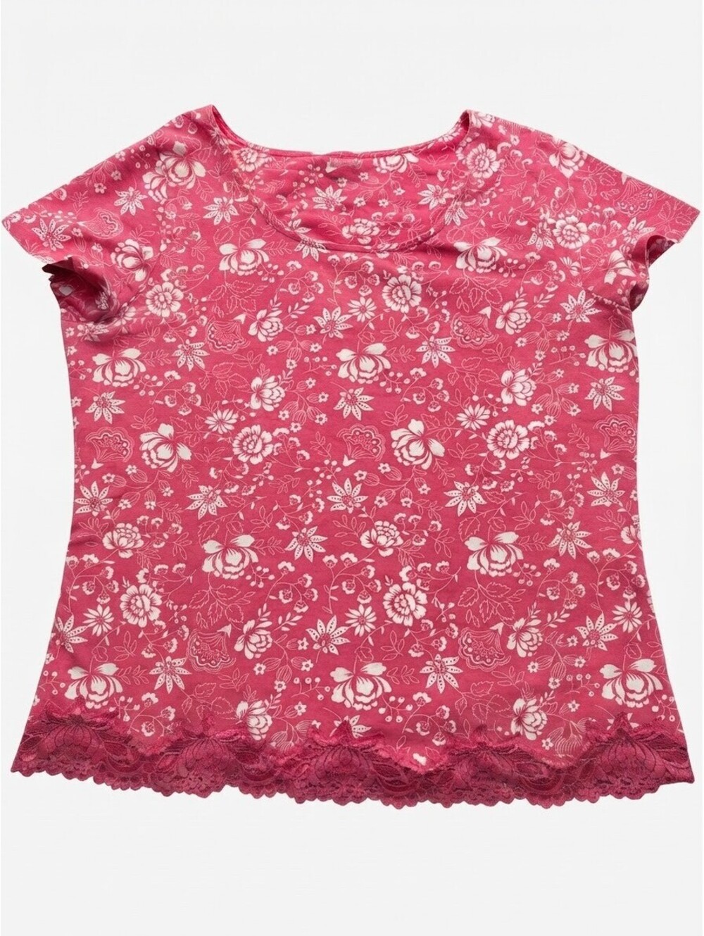 Coldwater Creek Pink Floral Tee XL Short Sleeve Lace Hem Cotton Blend Top